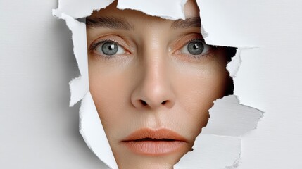 Woman with striking blue eyes and natural makeup, peering through torn paper, creating an intriguing visual effect that symbolizes breaking barriers and exploring new perspectives in art