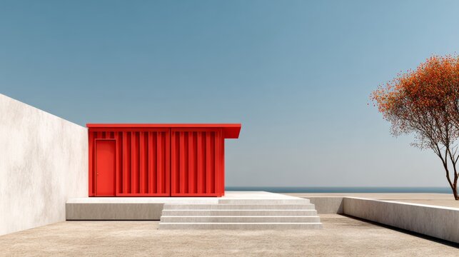 Modern architectural structure featuring a vibrant red building with geometric lines, surrounded by minimalistic concrete steps and a solitary tree against a clear blue sky, showcasing contemporary de