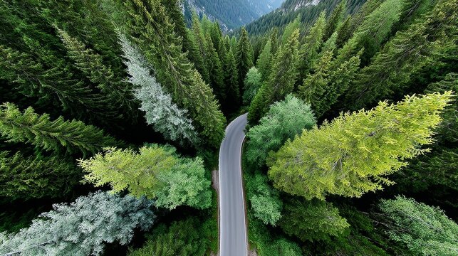 Aerial view of winding road surrounded by lush green trees, showcasing vibrant foliage and natural beauty, inviting exploration and adventure in a serene forest landscape