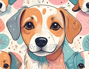 Cute, illustrated pup with brown eyes and patterned background