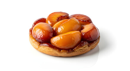 Caramelized peach tarte tatin on white background.