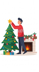 Man decorating Christmas tree with star by cozy fireplace  