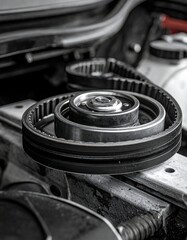 Close-up view of an engine's timing belt and pulley system in grayscale