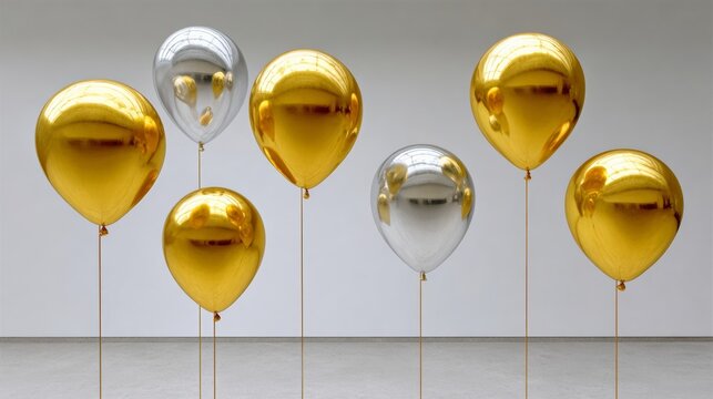 Colorful balloons in gold and silver shades are arranged artistically against a minimalist background, creating a festive atmosphere perfect for celebrations and events, enhancing visual appeal and jo