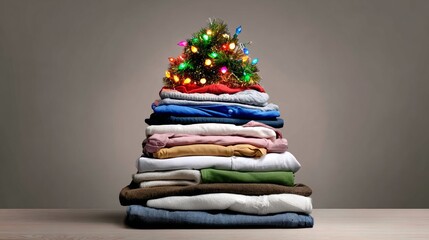 Stack of neatly folded clothing arranged in a pyramid shape with a small Christmas tree adorned with colorful lights on top, creating a festive and cozy holiday atmosphere