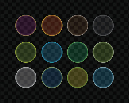 Collection of twelve colorful glowing circles with transparent background, abstract design elements