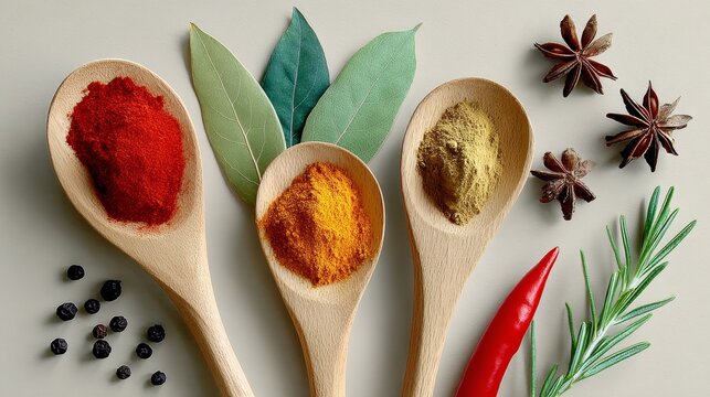 Colorful assortment of spices displayed in wooden spoons, featuring vibrant red, yellow, and brown powders, alongside fresh herbs and whole spices, creating an inviting culinary atmosphere for cooking