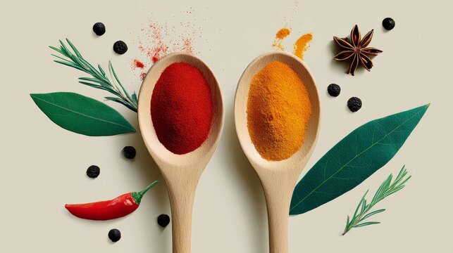 Vibrant spices in wooden spoons, featuring red chili powder and turmeric, surrounded by fresh herbs and spices, creating a colorful culinary composition with natural elements and textures