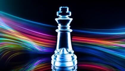 glass queen chess piece with chromatic aberration and colorful light streaks against a dark background