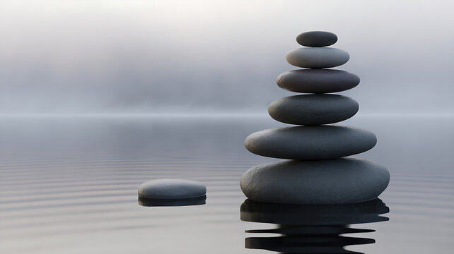 Stack of smooth gray river stones balanced on calm water with mist stone stack balanced stones