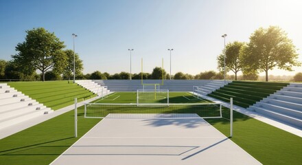 Outdoor sports complex with multiple courts and stadium seating.