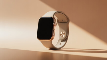 Gold smartwatch with blank black screen and beige band on neutral background with shadows wearable technology