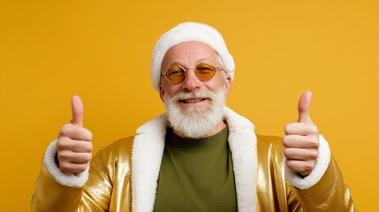 Cheerful elderly man with white beard wearing golden jacket and sunglasses, giving thumbs up against vibrant yellow background, embodying festive spirit and joy during holiday season celebrations