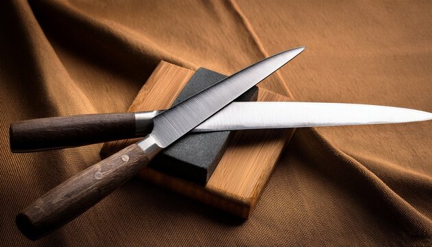 chef knives sharpening on whetstone with fabric background