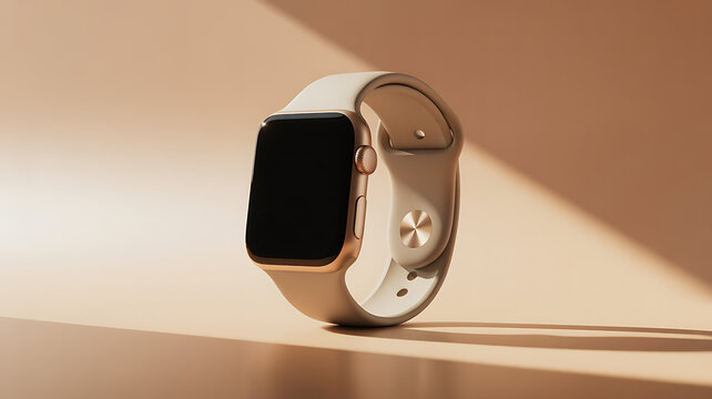 Gold smartwatch with blank black screen and beige band on neutral background with shadows wearable technology - Powered by Adobe