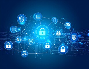 Cyber security concept, connecting digital devices. Blue network with lock icons