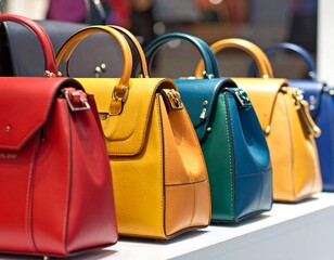 Close-up view of colorful leather satchels neatly arranged