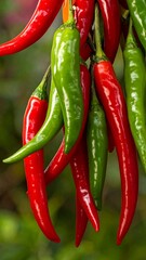 Close-up view of chili peppers red and green, dangling