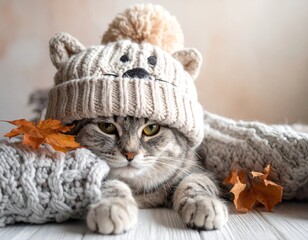 Cute tabby cat wearing a knitted winter hat and scarf, autumn leaves