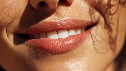 Golden Hour Smile: Authentic Close-up of Woman's Lips Expressing Natural Joy and Happiness in Sunlight.
