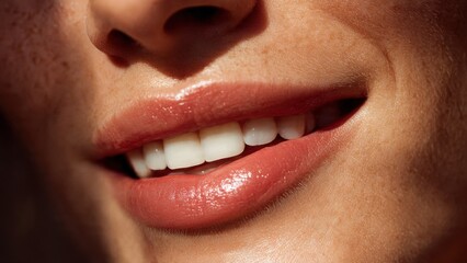 Close-up de L&aacute;bios Femininos Sorrindo com Brilho do Sol. Alegria Natural e Aut&ecirc;ntica.