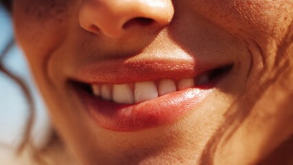 Close-up Capturing Authentic Joy: Woman's Lips Smiling Naturally in Golden Sunlight Glow.