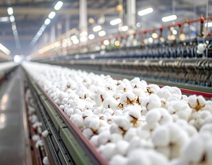 Close-up view of cotton bolls on textile factory production line