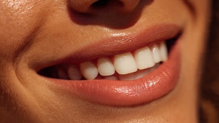 Close-up of Woman's Smiling Lips Bathed in Golden Sunlight, Capturing Natural Beauty and Authentic Joy.