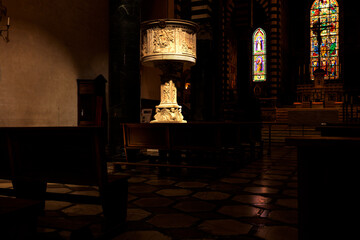 The chalice-shaped Renaissance marble pulpit inside Prato Cathedral, Prato