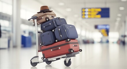 Luggage cart overflowing with suitcases and a hat in airport terminal travel