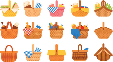 Collection of picnic baskets, woven designs with food, fruits, bread, drinks, outdoor meal setup, summer picnic illustration, decorative vector art