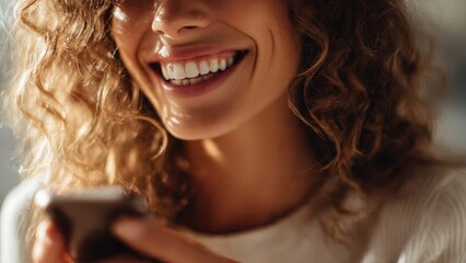 Close-up de Mulher Sorridente com Smartphone, Transmitindo Alegria, Conex&atilde;o e Comunica&ccedil;&atilde;o Digital.