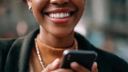 Sorriso Radiante e Conex&atilde;o Digital: Close-up Vibrante de Mulher Feliz Usando o Smartphone.