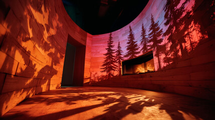 A room with a curved wooden wall and red lighting, featuring the silhouettes of trees on its surface