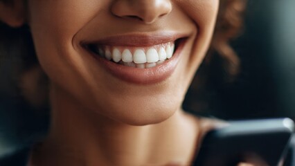 Close-up de Sorriso Genu&iacute;no: Mulher Jovem e Feliz Usando Smartphone para Conex&atilde;o Digital e Alegria