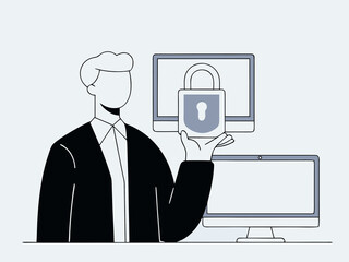 Cybersecurity concept with businessman holding digital lock hologram graphic