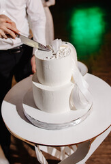 Close-up of two people cutting a large white sweet cake