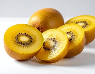 Close-up view of halved golden kiwifruits and whole fruits on a white surface