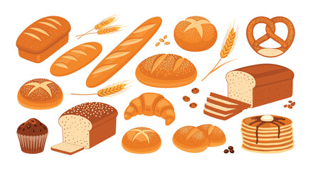 Variety of baked goods including bread, loaves, buns, a croissant, cupcake, and pancakes.