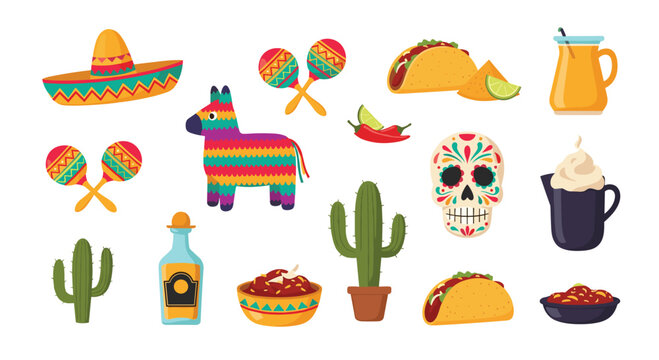 Collection of colorful Mexican cultural icons and food items on a white background.