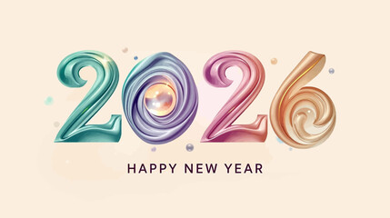 The numerals of “2026” flow like liquid ribbons, blending aurora-inspired gradient colors to create a luminous and festive look.