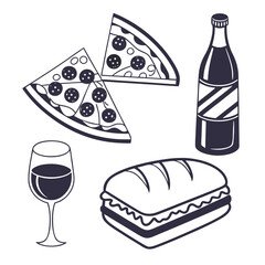 Illustration of pizza slices, wine, soda, and sandwich