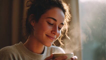 Serene Morning Moment: Woman Smiling Softly While Enjoying a Steaming Cup of Coffee.