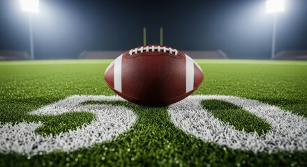 Obraz premium Football on 50-yard line at night game