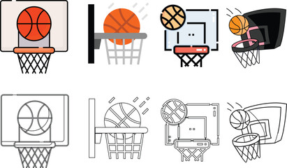 Basketball Hoop, Net, and Backboard Icons - Color and Outline © Md