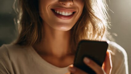 Close-up de Mulher Sorridente Usando Smartphone: Conectividade e Estilo de Vida Digital