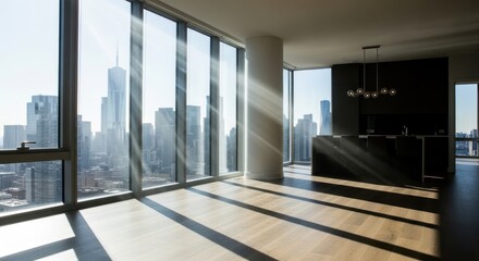 Obraz premium Modern apartment interior with expansive windows and city skyline view.