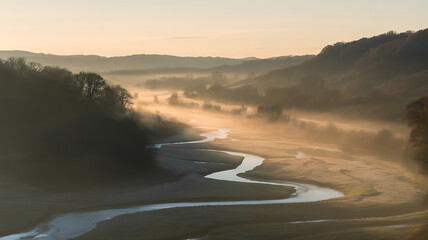 Misty valley with a winding river at sunrise with golden light and silhouetted hills image