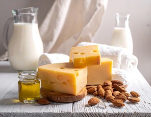 Dairy and nuts arranged on a white wooden table