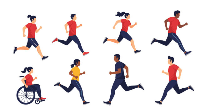 A diverse group of men and women, including one in a wheelchair, are actively running and exercising, promoting an inclusive and healthy lifestyle.